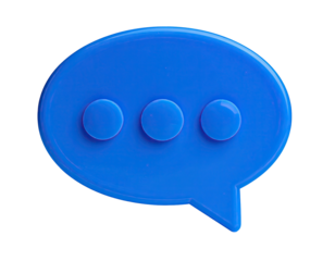 Shiny, blue, 3D speech bubble icon with three dots on black background
