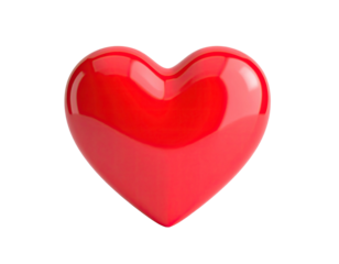 A glossy, crimson heart rendered with highlights and shadows against a dark void