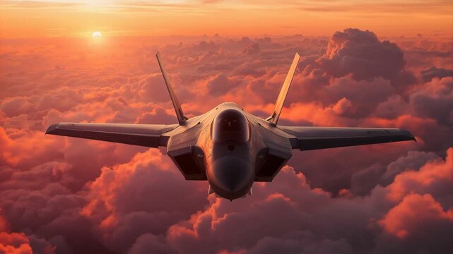 Aereo Jet da combattimento moderno che vola tra le nuvole al tramonto