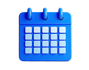 A 3D rendered blue calendar, with rounded edges and a clean, minimalist design