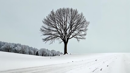 Solitary Leafless Tree Standing Against Vast Snowy Landscape with Distant Frosted Tree Line Under Overcast Sky - Powered by Adobe