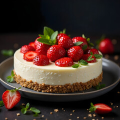 Strawberry cheesecake with mint leaves on a gray plate