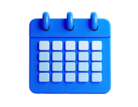 A 3D rendered blue calendar, with rounded edges and a clean, minimalist design