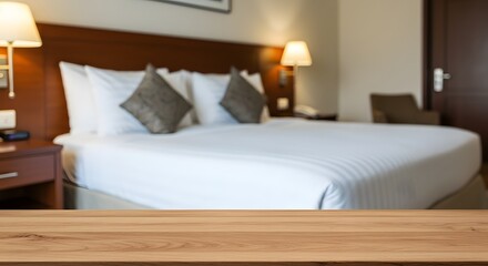 Wood Table Top with Blurred Hotel Bedroom Background for Product Display