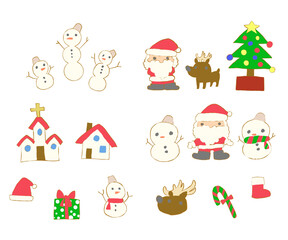 クリスマス　サンタクロース　ツリー　トナカイ　雪だるま　プレゼント　 教会　家　キャンディ　靴下　冬　休日　贈り物　イラスト　かわいい　ひとそろい　季節