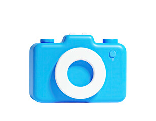 A vibrant, stylized 3D blue camera icon with a white lens on a black background