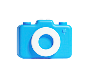 A vibrant, stylized 3D blue camera icon with a white lens on a black background