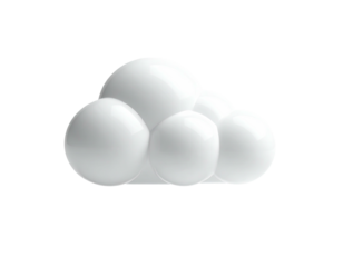 Glossy, white cloud icon, rendered with soft shadows, set against a black backdrop