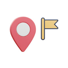 Shiny Pink Location Pin and Yellow Flag on White Background