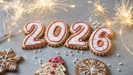  features Christmas cookies spelling out the year \"2026\" with decorative icing, surrounded by sparklers and sprinkles on a gray background.