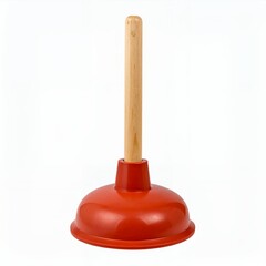 Red Plunger with a wooden handle isolated on white backdrop conveys cleanliness