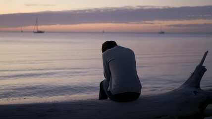 A person sits on a log at the beach looking out at the water with a sailboat in the distance at sunset