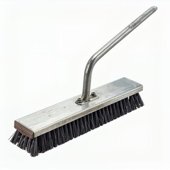 Elevated view of a metal framed push broom featuring dark bristles on white background