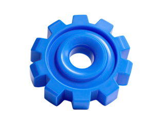 A vibrant blue gear toy featuring concentric inner circles, isolated on black