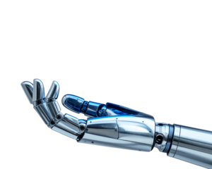 A metallic robotic hand with sleek futuristic design delicately holds a translucent