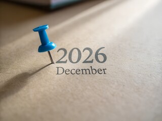 Blue pin marking december 2026 on a calendar, close up shot