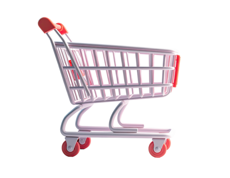 A 3D rendered shopping cart, white with red accents, against a black background