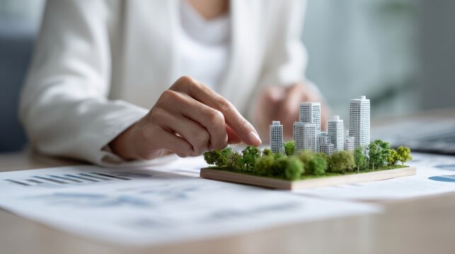 Corporate auditor analyzes urban development model in modern office setting - Powered by Adobe