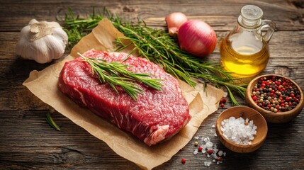 A raw beef steak rests on parchment paper alongside fresh rosemary, garlic, onions, olive oil, and a selection of spices and salt in a cozy kitchen environment.