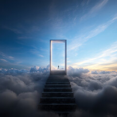 Stairway to heaven with a figure reaching for the light, conceptual journey to success and spiritual awakening, dreamlike escape into the sky