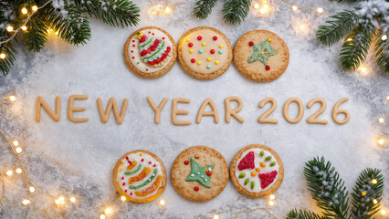 a collection of five colorful cookies arranged in a row, with the words \"NEW YEAR 2026\" spelled out below them. The background is decorated with pine branches and string lights, giving it a festive 