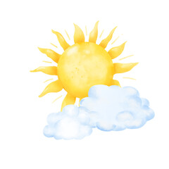 A yellow sun with rays and fluffy blue clouds. Watercolor digital illustration. A funny sun, isolated on a white background. Suitable for textile printing, children's design, and weather forecasts.