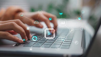 Artificial intelligence concept showing hands typing on laptop with AI icons, cloud computing, data analytics, and digital technology network, symbolizing innovation and machine learning.
