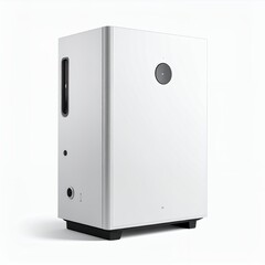 Minimalist white speaker with subdued details set against a clean backdrop