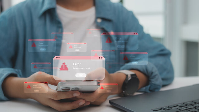 System error concept showing smartphone with multiple warning pop-up messages, symbolizing software bug, app crash, mobile failure, digital problem, and technology troubleshooting.