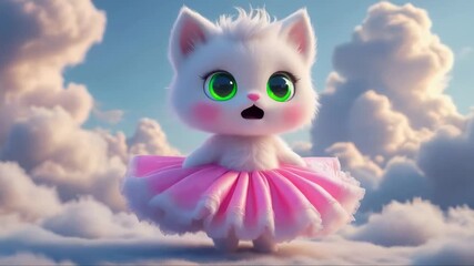 A small fluffy kitten wearing a pink tutu stands confidently against a backdrop of soft, fluffy clouds. Its bright green eyes and playful expression capture a whimsical moment.