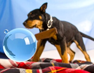 Dog standing on a stool, gazing at a blue sphere