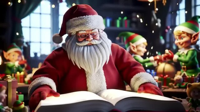 Santa claus reading a large book in his workshop surrounded by elves, creating a magical and festive atmosphere.