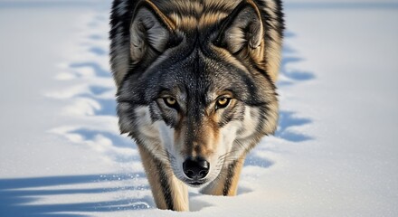Fototapeta premium Majestic Gray Wolf Walking Through Deep Snow in Winter.