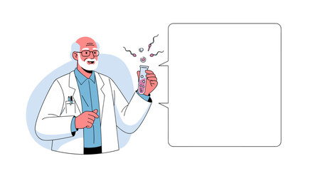 Scientist with a beaker and bubbling liquid shows something important to the audience.