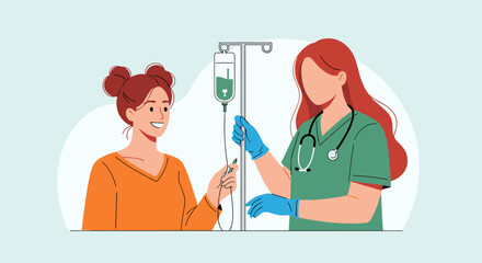 Fototapeta premium A nurse administers an intravenous infusion to a smiling patient in a hospital room.