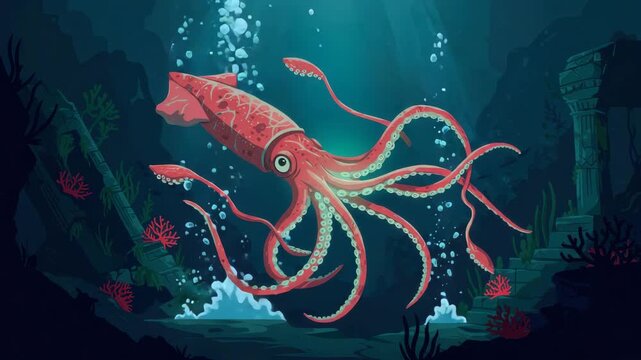 A giant squid glides gracefully through dark waters in an underwater landscape filled with corals