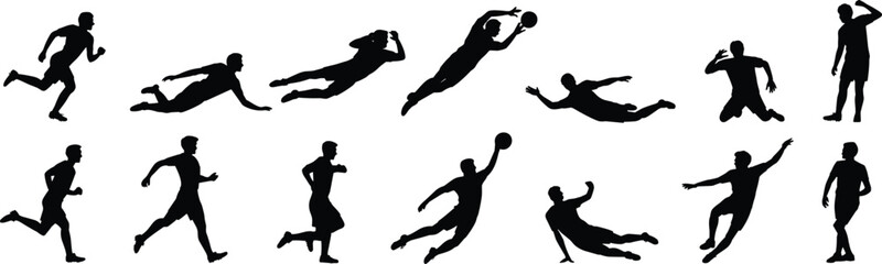Soccer player silhouette, football athlete vector, running kicking dribbling action, sports figure design, game pose illustration, athletic training art symbol
