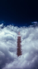 Mystical staircase climbs through ethereal clouds toward an open door, symbolizing dreams, ambition, and transformative journeys in a surreal landscape