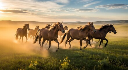 Majestic herd of wild horses galloping across the golden landscape at sunset.