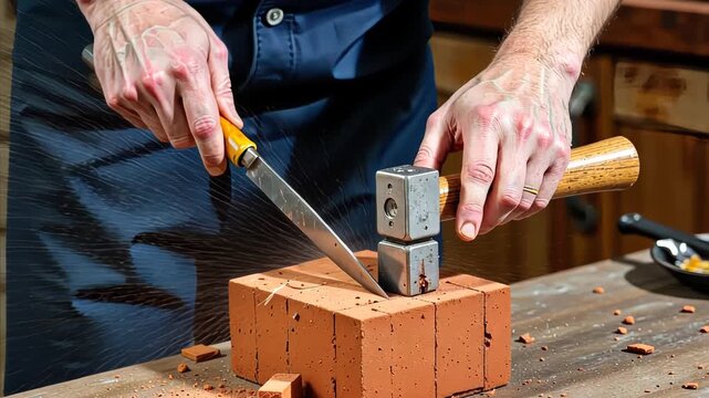 Close-up of a Craftsperson Using a Chisel and Hammer to Carve Detailed Patterns into a Red Brick on a Wooden Workbench with Sparks Flying