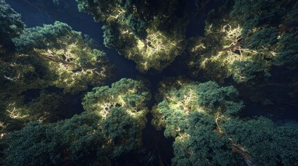 Canopy View of Forest Trees: An ethereal view looking up through the dense canopy of a forest. The light creates an otherworldly glow.