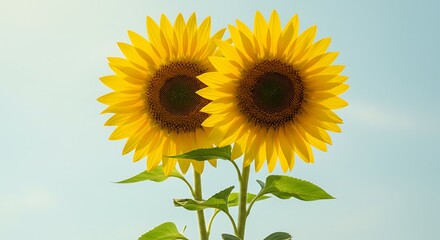 Obraz premium Two bright sunflowers against blue sky background botanical illustration