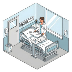 Nurse Preparing Hospital Bed in Clean Ward Isometric Vector