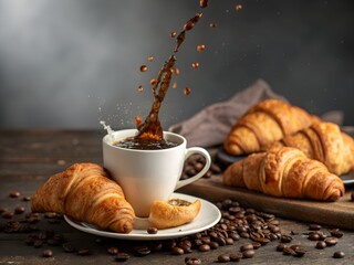 Pouring coffee in a cup with croissants and coffee beans around