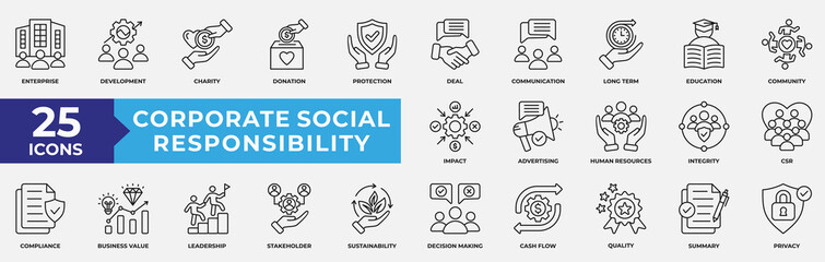 Corporate Social responsibility Icon Set Collection. Containing charity, social, donation, protection, communication, CSR and education icon. Simple Line Vector Illustration.
