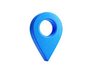 A glossy, 3D blue location pin against a stark black background