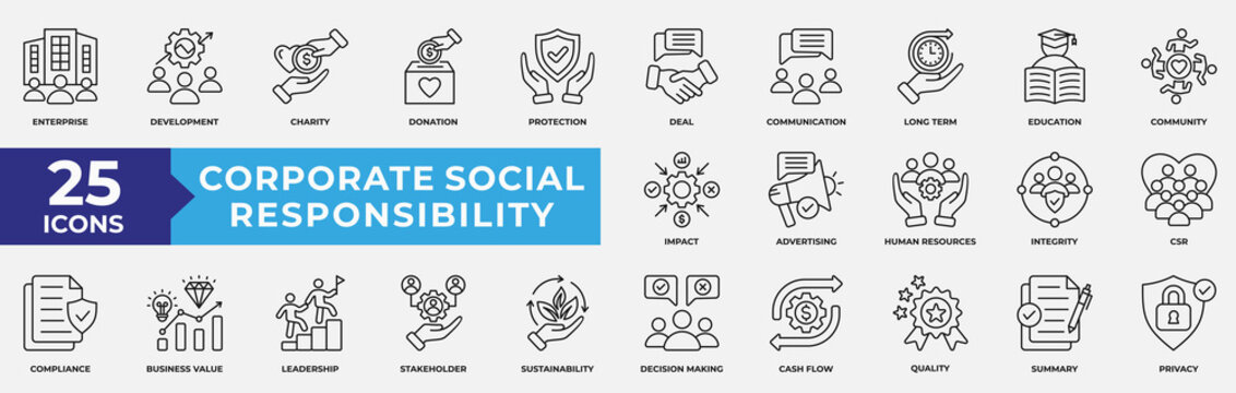 Corporate Social responsibility Icon Set Collection. Containing charity, social, donation, protection, communication, CSR and education icon. Simple Line Vector Illustration.