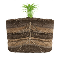 Detailed Soil Profile with Plant Roots on White, High Resolution 8k Render.