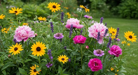 Fototapeta premium Vibrant garden of colorful flowers blooming in natural sunlight