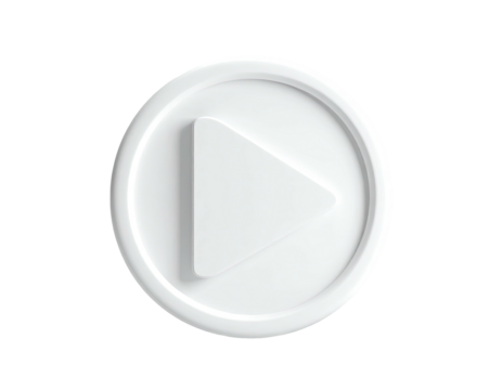 3D white, circular button with a raised play symbol against black background